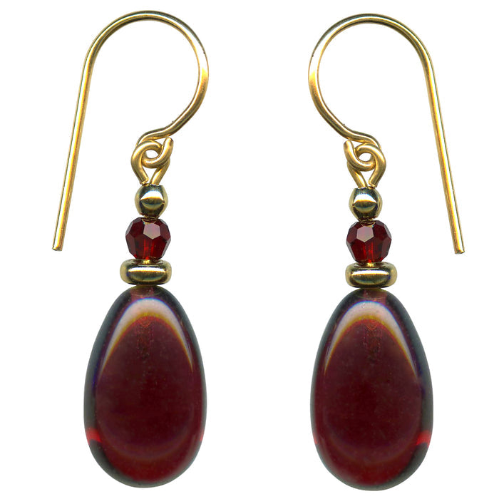 Owen Glass Collection Raindrops 124 Garnet glass, crystal, and gold earrings with teardrop design and intricate detailing.