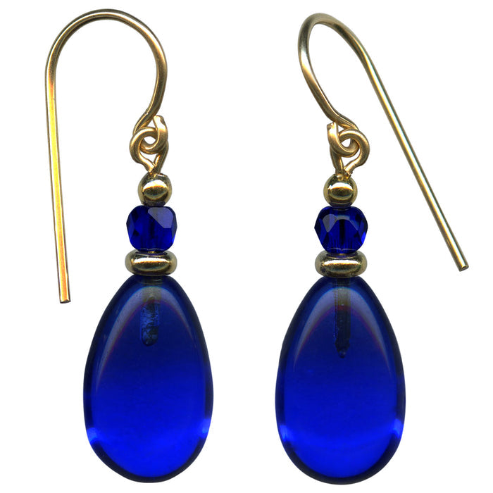 Cobalt glass and gold earrings from Owen Glass Collection, Raindrops 128 design, featuring shiny glass beads with gold accents.