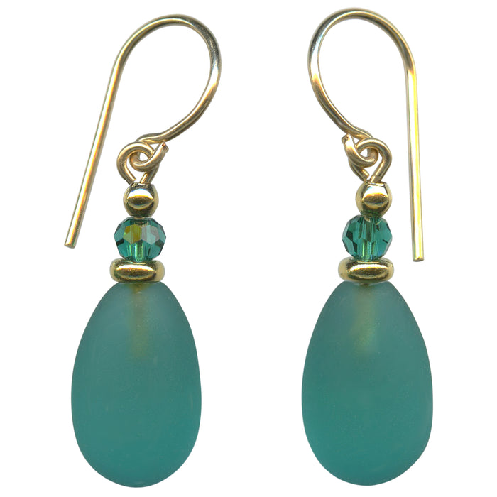 Frosted teal glass earrings with gold accents from Owen Glass Collection, featuring a raindrop design.