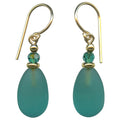 Frosted teal glass earrings with gold accents from Owen Glass Collection, featuring a raindrop design.