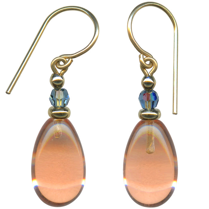Owen Glass Collection Raindrops 130 light topaz glass and indigo crystal earrings with gold accents, hanging elegantly.
