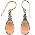 Owen Glass Collection Raindrops 130 light topaz glass and indigo crystal earrings with gold accents, hanging elegantly.