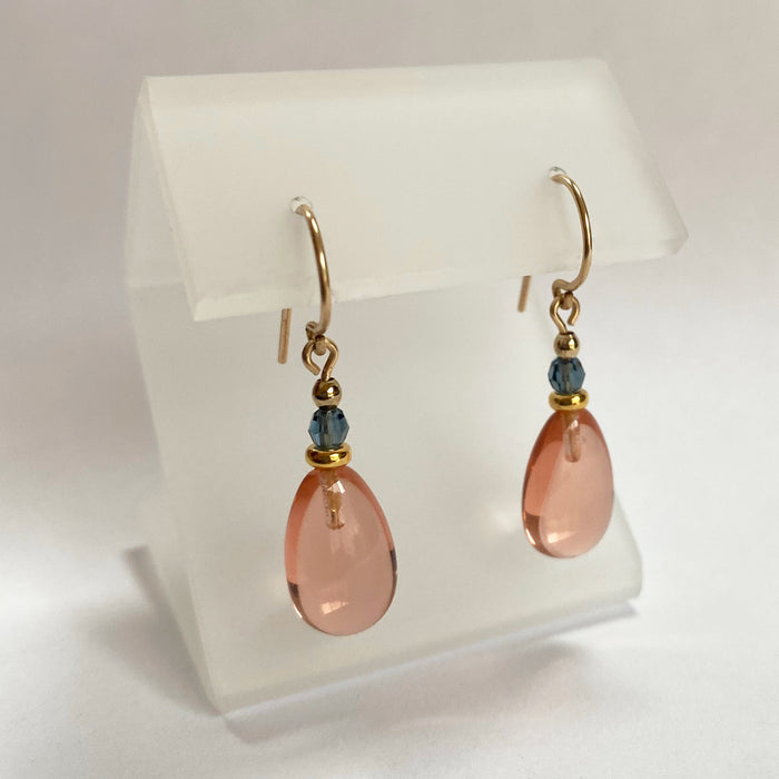 Owen Glass Collection Raindrops 130 light topaz glass, indigo crystal and gold earrings with elegant teardrop design.