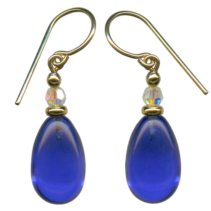 Cobalt glass and crystal earrings with gold accents from Owen Glass Collection, featuring raindrop-shaped design.