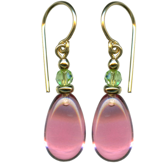 Pink glass and green crystal drop earrings with gold accents from the Owen Glass Collection, featuring elegant, sparkling jewelry design.