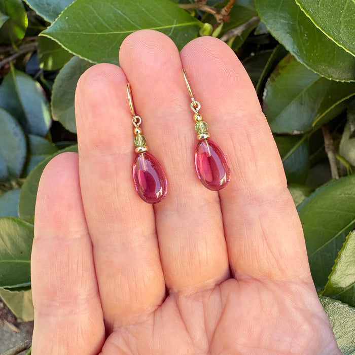 Pink glass and green crystal drop earrings with gold accents from Owen Glass Collection, featuring elegant raindrop design.