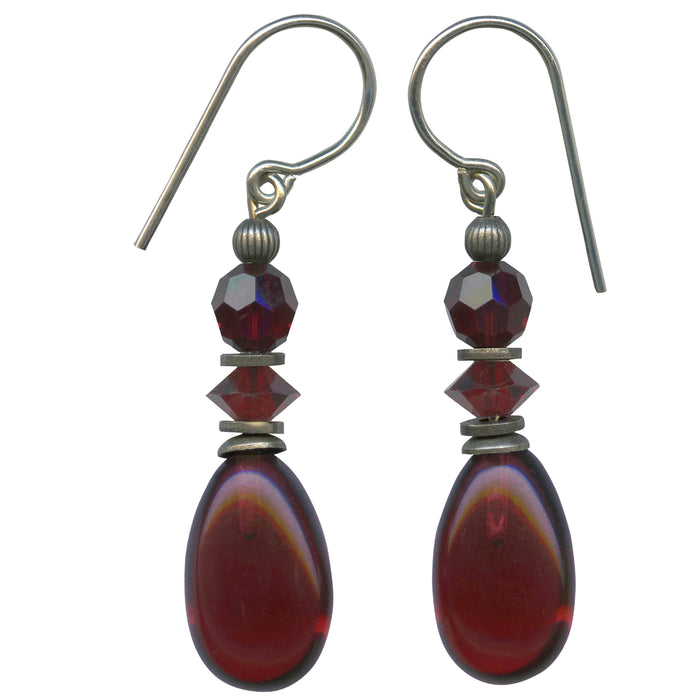 Garnet glass and crystal drop earrings from Owen Glass Collection featuring 16-inch length and elegant design.