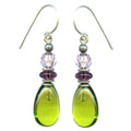 Green and amethyst glass drop earrings with raindrop design from Owen Glass Collection, featuring elegant, translucent glass teardrops.