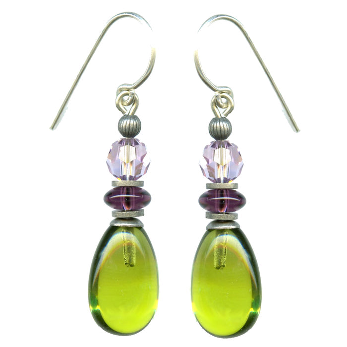 Green and amethyst glass drop earrings with raindrop design from Owen Glass Collection, featuring elegant, translucent glass teardrops.