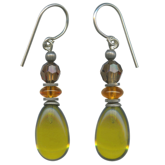 Olive green glass drop earrings from Owen Glass Collection featuring 18-inch length and elegant raindrop design.