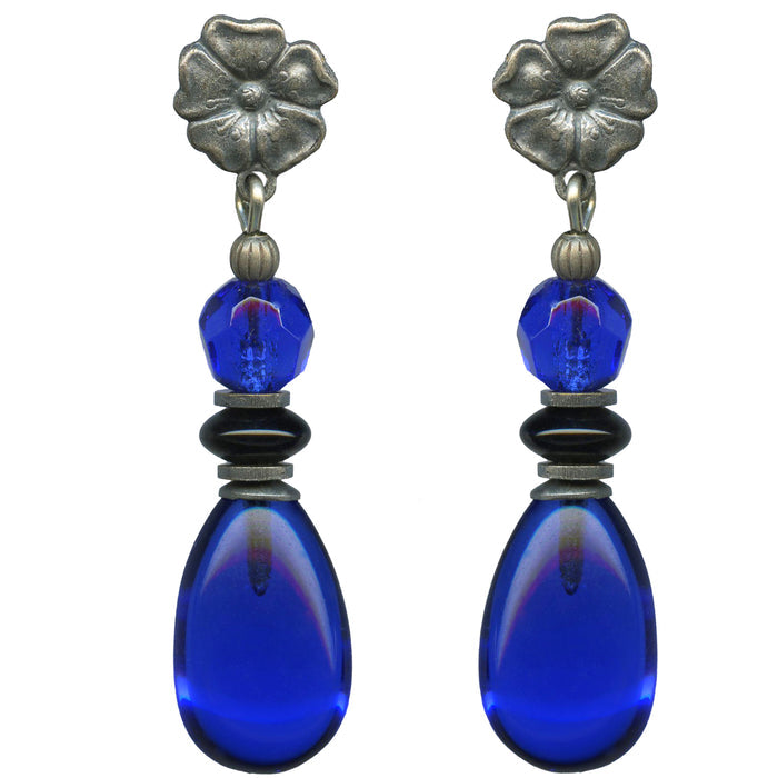 Cobalt glass and Czech glass post earrings from Owen Glass Collection featuring raindrop design and intricate craftsmanship.