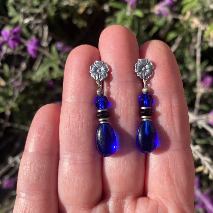 Cobalt glass and Czech glass post earrings from Owen Glass Collection featuring raindrop design.