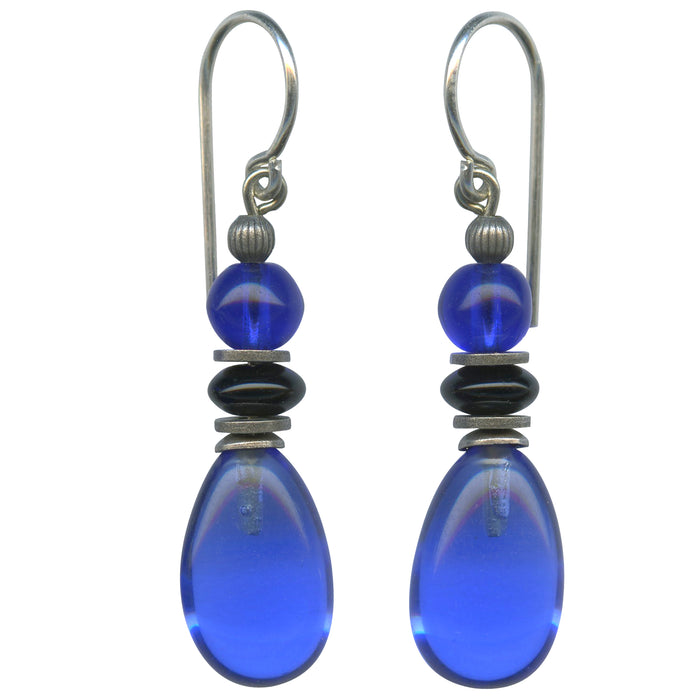 Sapphire blue and jet glass drop earrings from Owen Glass Collection featuring shimmering raindrop design.