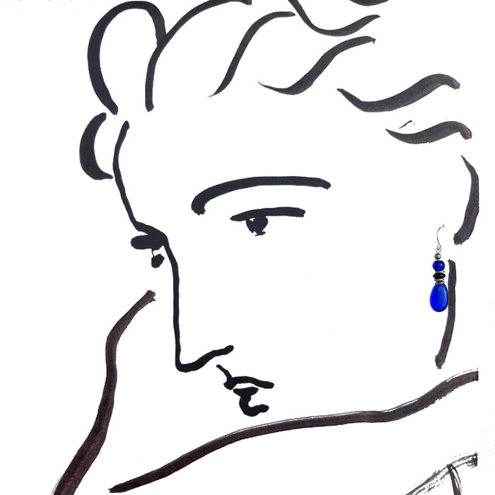 Sapphire blue and jet glass drop earrings from Owen Glass Collection featuring a 21-inch length with elegant raindrop design.