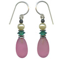 Frosted pink glass and teal crystal earrings with pearls from Owen Glass Collection, featuring elegant teardrop design.