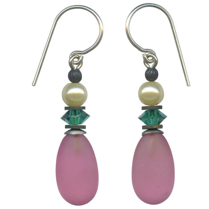 Frosted pink glass and teal crystal earrings with pearls from Owen Glass Collection, featuring elegant teardrop design.