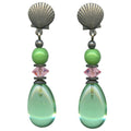 Peridot glass and pink crystal post earrings from Owen Glass Collection featuring raindrop design.