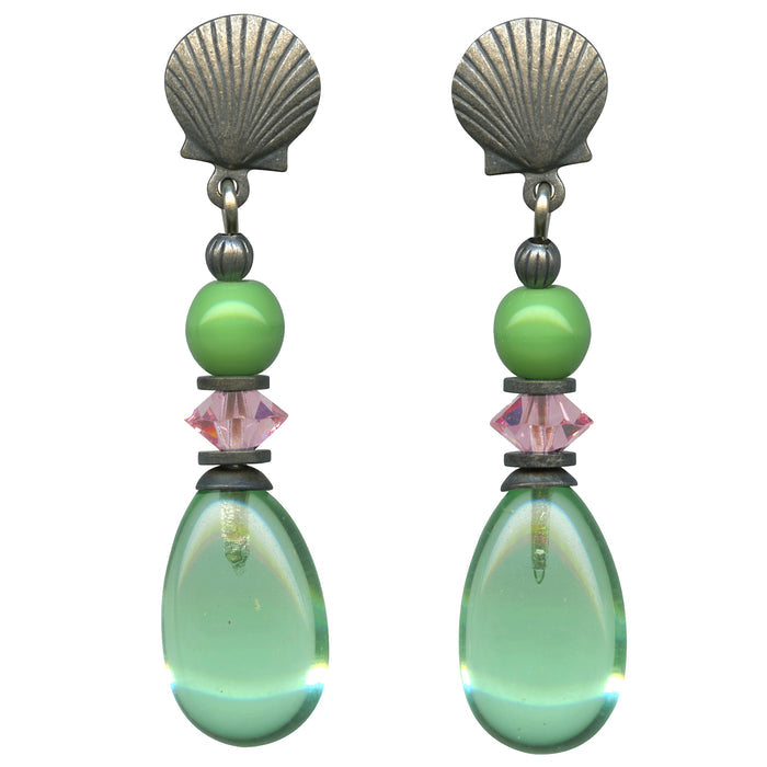 Peridot glass and pink crystal post earrings from Owen Glass Collection featuring raindrop design.