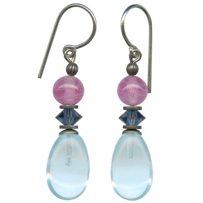 Blue and pink glass drop earrings from Owen Glass Collection featuring raindrop design, perfect for stylish accessories.