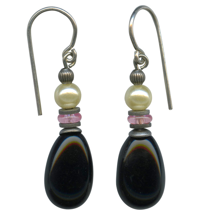 Owen Glass Collection Raindrops 47-inch jet and pink glass drop earrings with pearls, featuring elegant dangling design.