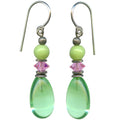 Peridot and pink glass drop earrings from Owen Glass Collection featuring 48-inch raindrop design and vibrant colors.