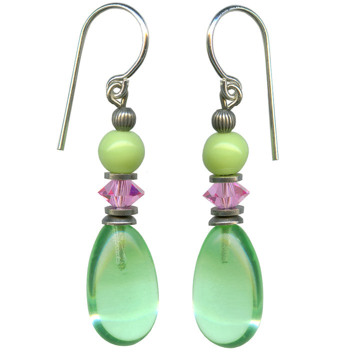 Peridot and pink glass drop earrings from Owen Glass Collection featuring 48-inch raindrop design and vibrant colors.