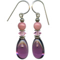 Owen Glass Collection Raindrops 51 Amethyst and Pink Glass Drop Earrings featuring teardrop-shaped beads and silver hooks.