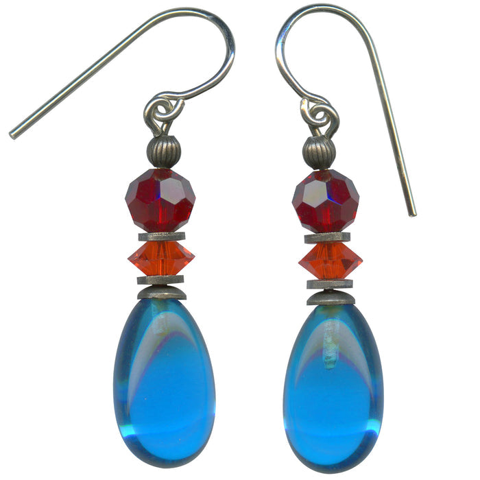 Turquoise, red, and orange glass drop earrings from Owen Glass Collection featuring colorful, handcrafted teardrop jewelry.