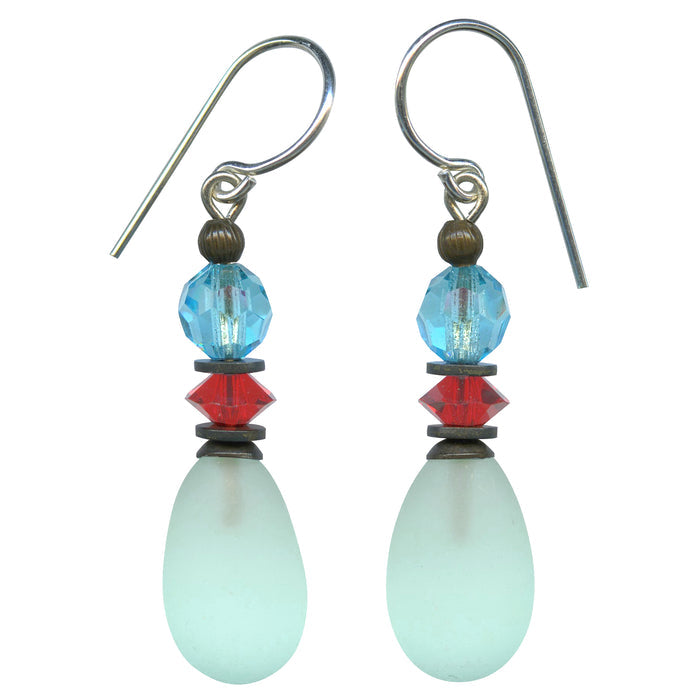 Frosted aqua glass drop earrings from Owen Glass Collection featuring 54-inch raindrop design and elegant, translucent finish.