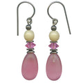 Frosted pink glass drop earrings from Owen Glass Collection featuring 68-inch raindrop design.