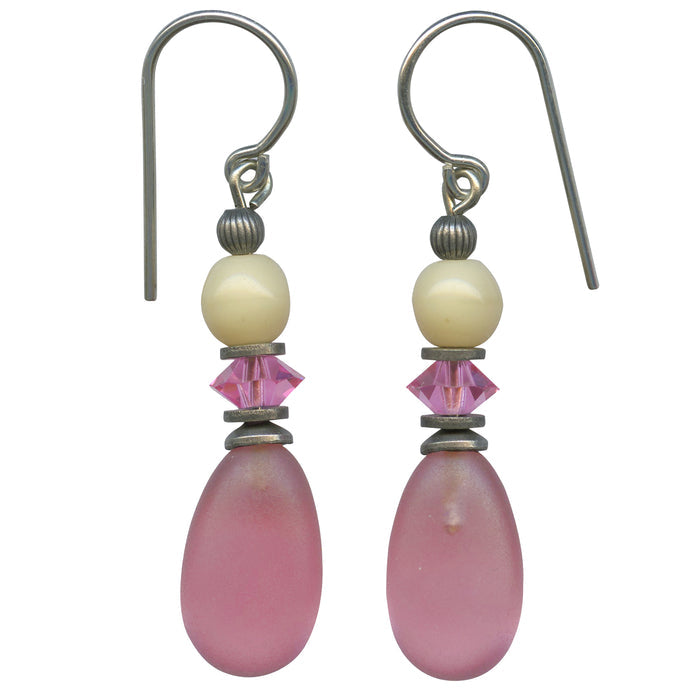 Frosted pink glass drop earrings from Owen Glass Collection featuring 68-inch raindrop design.