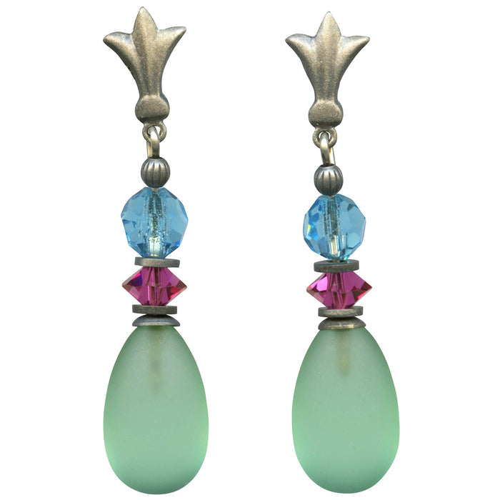 Frosted Peridot glass post earrings from Owen Glass Collection featuring 75mm raindrop design and elegant craftsmanship.