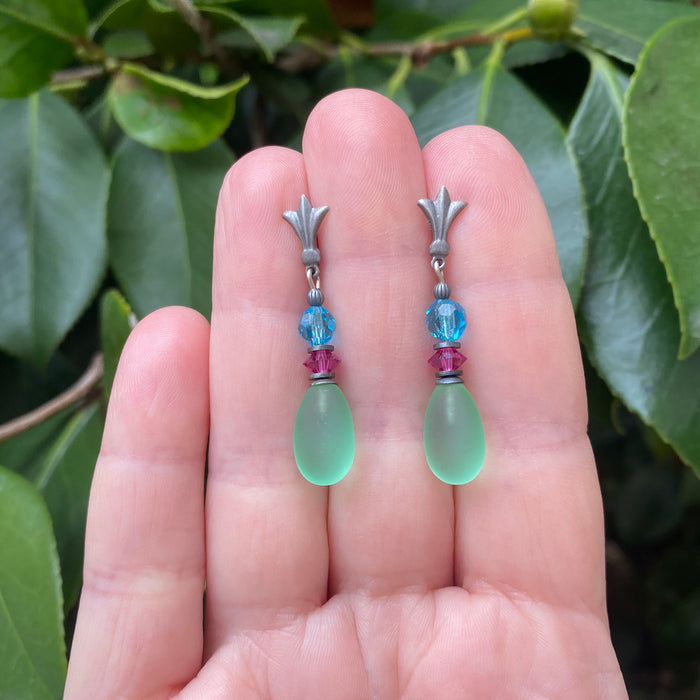 Frosted Peridot glass post earrings from Owen Glass Collection featuring 75mm raindrop-shaped design.