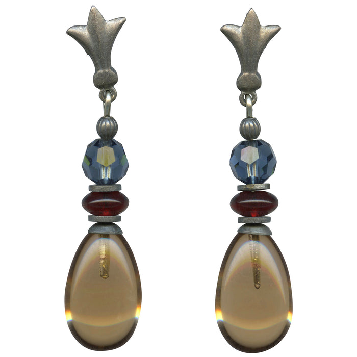 Owen Glass Collection Raindrops 77 light smoke topaz glass and indigo crystal post earrings with elegant drop design.