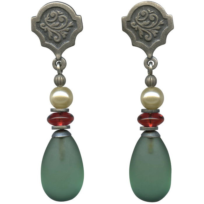 Frosted Tourmaline Glass Post Earrings from Owen Glass Collection with raindrop design, showcasing vibrant, translucent glass.