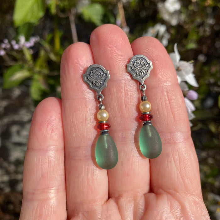 Frosted Tourmaline Glass Post Earrings from Owen Glass Collection featuring raindrop design and silver-tone posts.