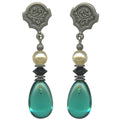 Teal glass post earrings with jet crystal and pearl accents from Owen Glass Collection, showcasing elegant jewelry design.