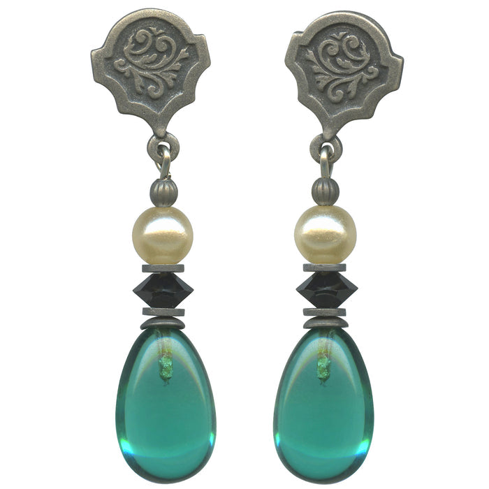 Teal glass post earrings with jet crystal and pearl accents from Owen Glass Collection, showcasing elegant jewelry design.
