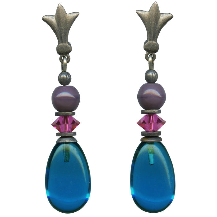 Dark turquoise glass post earrings featuring raindrop design from Owen Glass Collection, showcasing elegant jewelry craftsmanship.