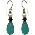 Frosted teal green glass and pearl earrings from Owen Glass Collection featuring raindrop design and elegant dangle style.