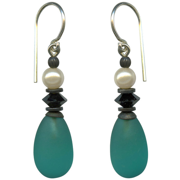 Frosted teal green glass and pearl earrings from Owen Glass Collection featuring raindrop design and elegant dangle style.