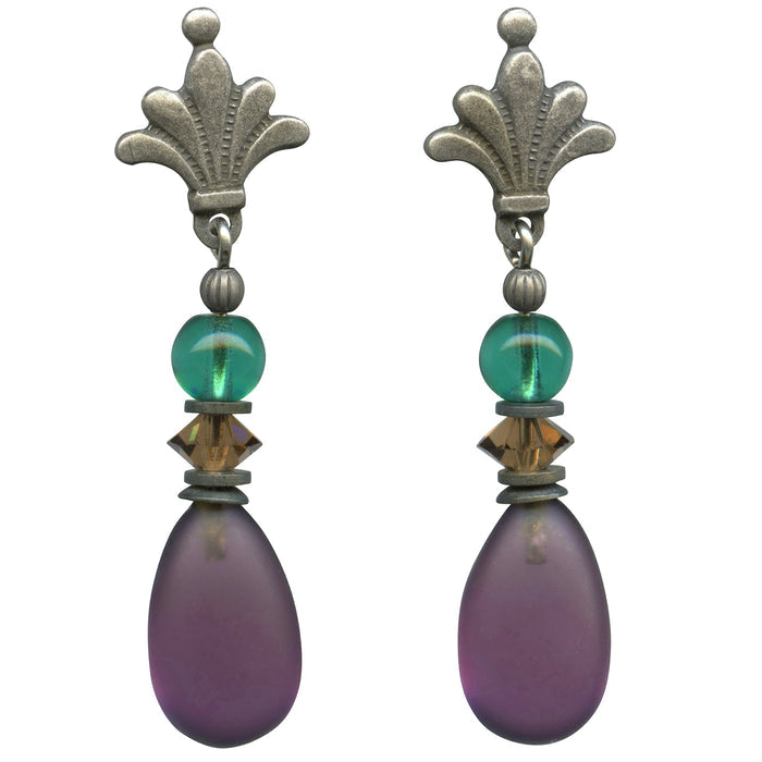 Frosted amethyst glass and crystal post earrings from Owen Glass Collection with raindrop design.