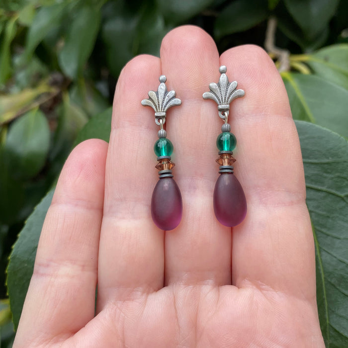 Frosted amethyst glass and crystal post earrings from Owen Glass Collection featuring elegant raindrop design.