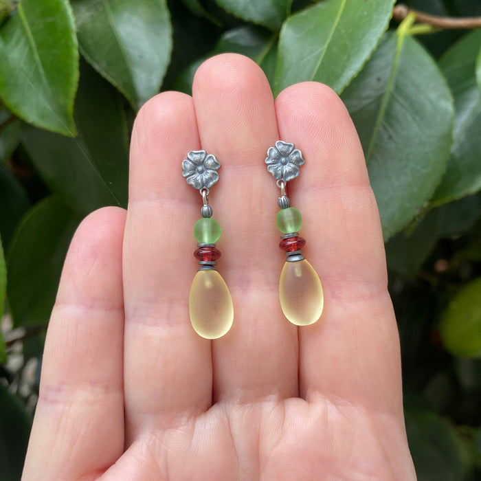 Frosted pastel yellow glass post earrings from Owen Glass Collection featuring raindrop design