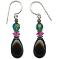Owen Glass Collection Raindrops 98 jet glass drop earrings with emerald and fuchsia crystal accents, hanging elegantly.