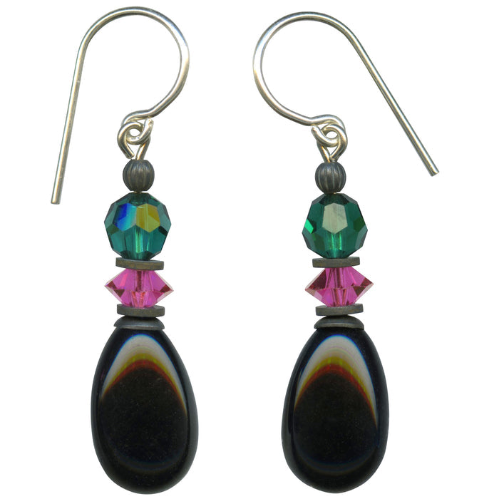 Owen Glass Collection Raindrops 98 jet glass drop earrings with emerald and fuchsia crystal accents, hanging elegantly.