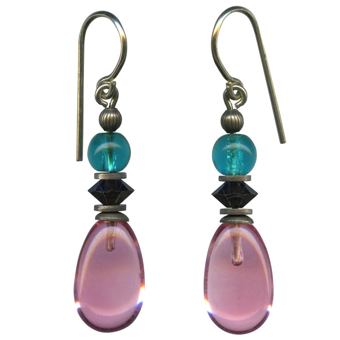 Light pink glass drop earrings with raindrop design from Owen Glass Collection, featuring elegant, translucent pink glass earrings.