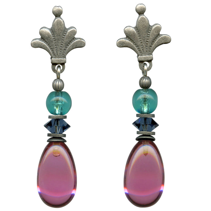 Pink glass and Czech glass post earrings from the Owen Glass Collection, featuring raindrop design and elegant craftsmanship.