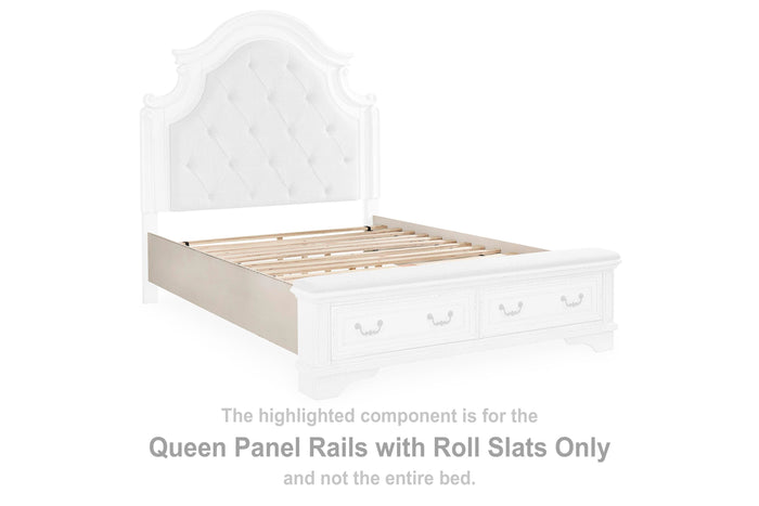 Realyn Chipped White Queen Panel Rails w/Roll Slats