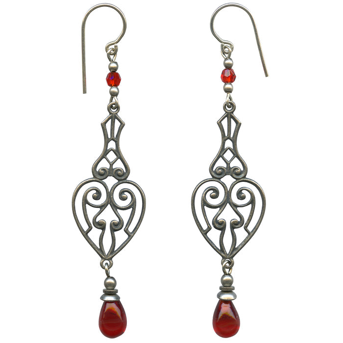 Red antique Czech glass drop earrings from Owen Glass Collection featuring elegant, handcrafted opera-style jewelry.